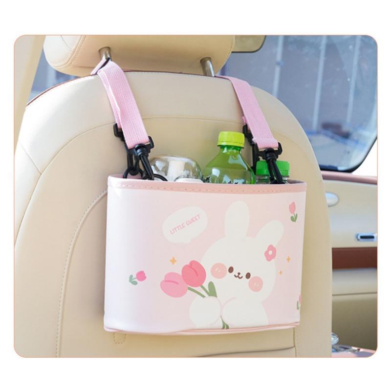 Cartoon Bear Car Trash Bin Leather Print Hanging Car Storage Organizer
