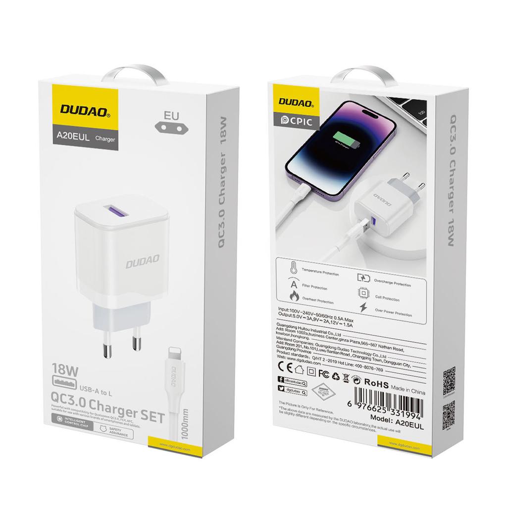 Dudao A20EU 18W USB-A Wall Charger with USB-A to Lightning Cable - White