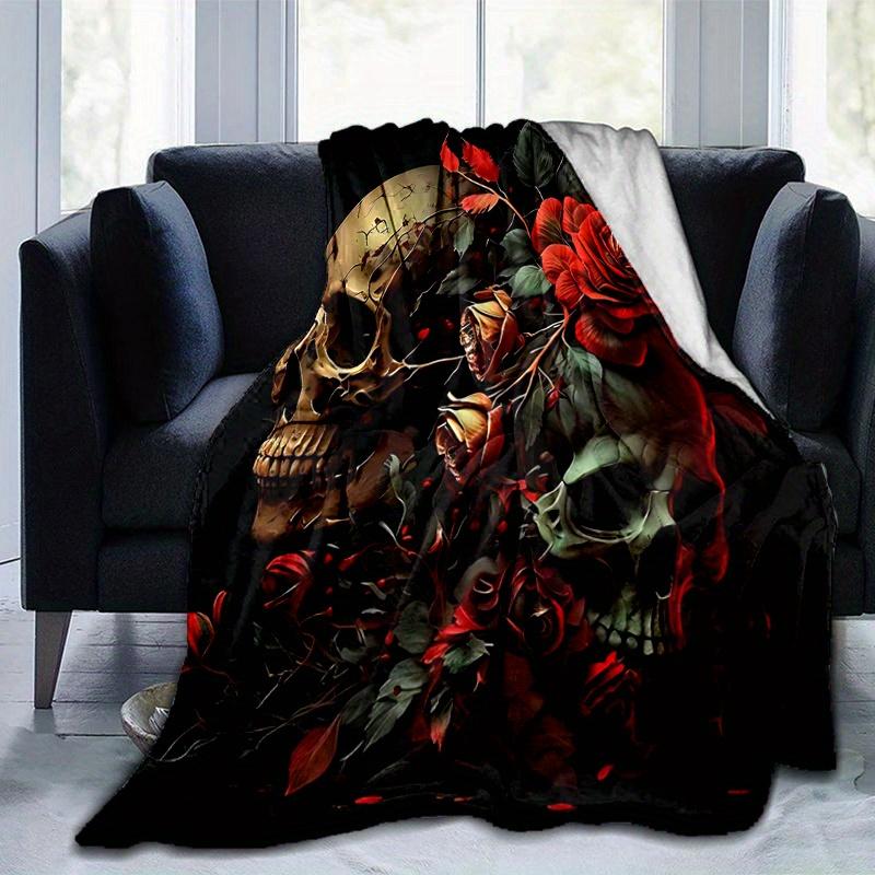 1pc Skulls in Bloom Blanket Soft and Cozy Home Decor Gift for All Seasons, Living Room, Travel, Camping, Car Blankets