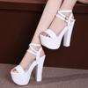 14cm Small Size 32-43 Sexy Ankle Bandage Bright Leather Shoes Platform Sandals 2025 Extreme Block High Heels Sandals Model Dress