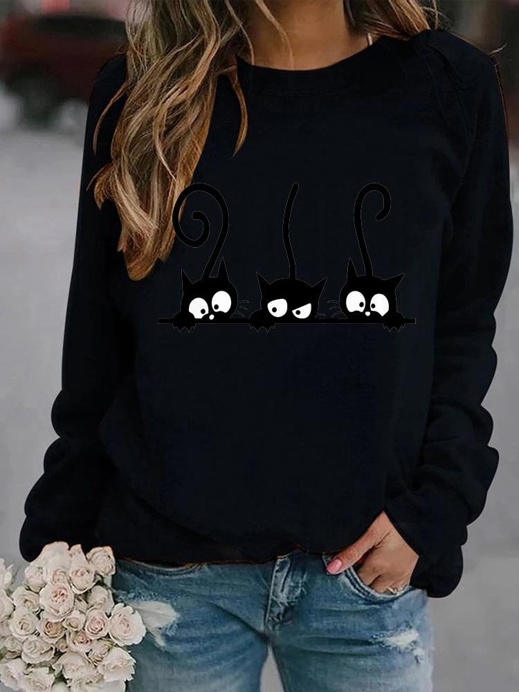 Женские зимние свободные толстовки с длинными рукавами и круглым вырезом, черные кошки с принтом, топы и блузки, футболки больших размеров