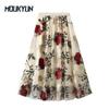 New Retro High Waist and Thin Embroidery Big Flower Fashionable Sweet Mesh Medium and Long Fairy Skirts