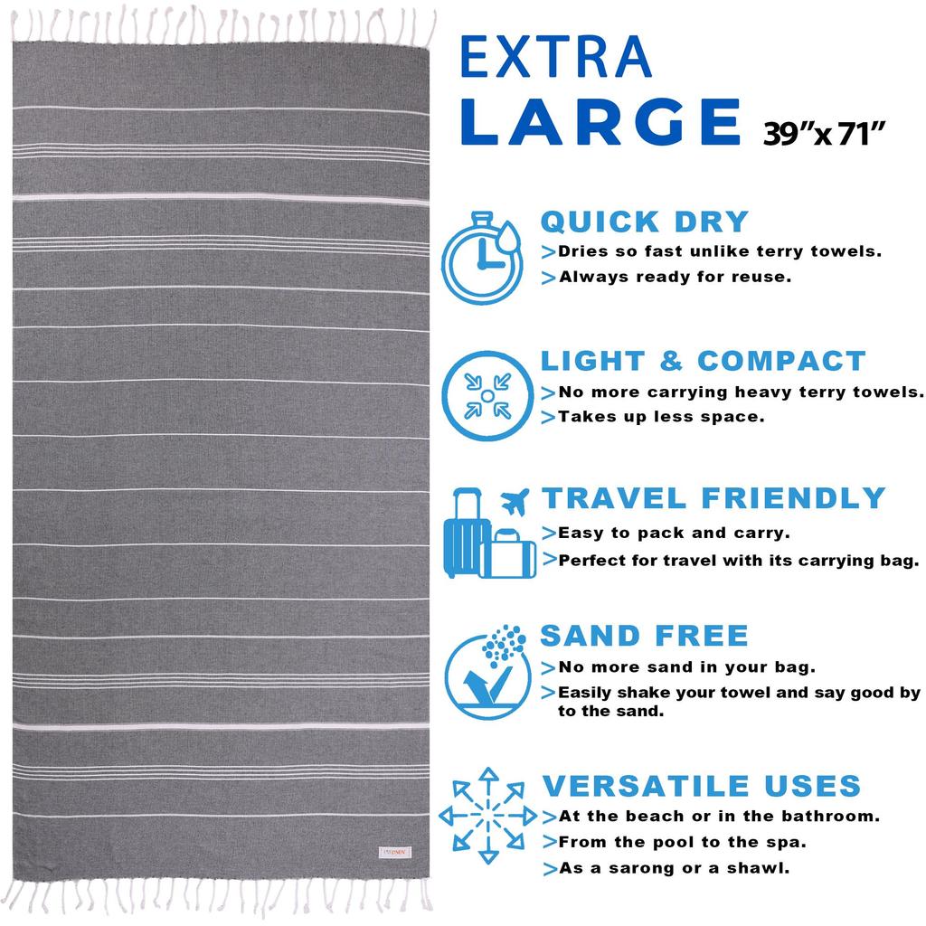 EVELYNEN Темно-серое турецкое банное и пляжное полотенце - 90*180 см, быстросохнущее, легкое, компактное, традиционное полотенце для хаммама для бассейна - Спа - Тренажерный зал - Путешествия