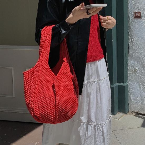 Knitted Handbag with Convenient Structure Solid Color Spacious Beach Bag Exotic Vacation Roomy Tote Bag