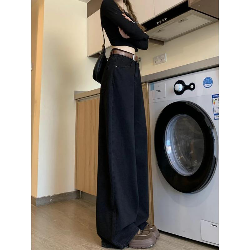 Black Wide Leg Jeans Women New Chubby Girl Plus Size Loose High Waist Cover Slimming All-Match Straight Mop Pants