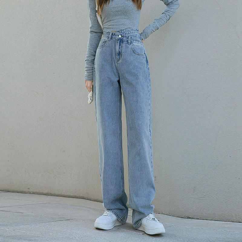 Женские джинсы широкого кроя сине-серого цвета с высокой талией, маленького размера, длиной до пола, с нестандартной косой пряжкой, идеально подходят для весны и осени.