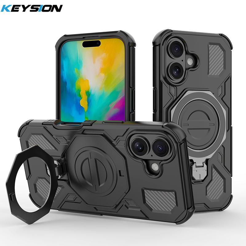 KEYSION Противоударный магнитный чехол для iPhone 16 Pro Max с вертикальной металлической подставкой-кольцом для просмотра в реальном времени, чехол для телефона для iPhone 15 Pro Max