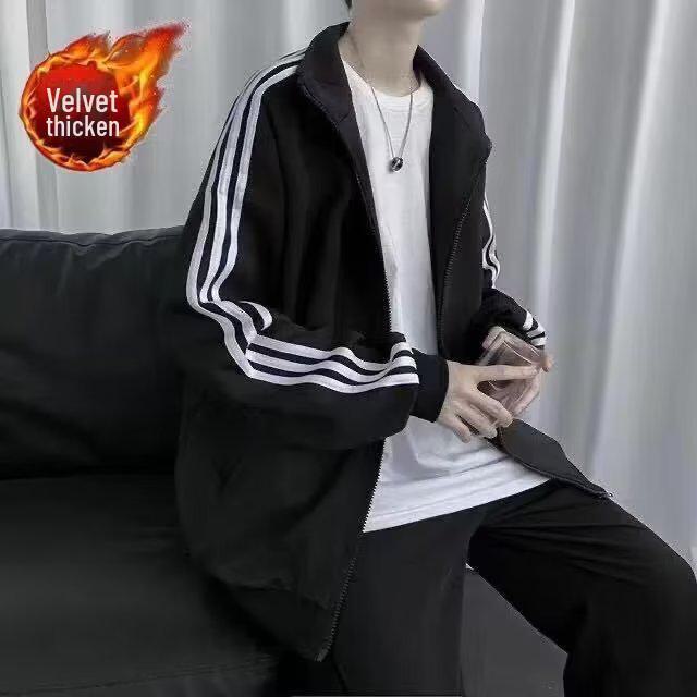 Бейсбольная куртка унисекс в корейском стиле черного цвета — весна/лето, легкая, с тремя полосками, свободный крой.