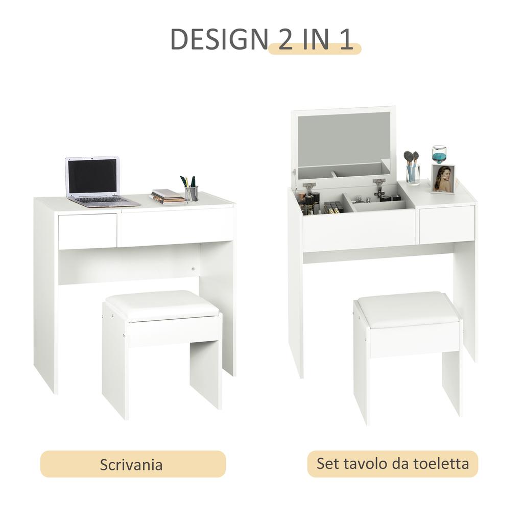 Makeup Table with Foldable Mirror, Modern Makeup Table, with Stool, Storage Compartment (4 Compartments), White MDF, 80x40x79 cm