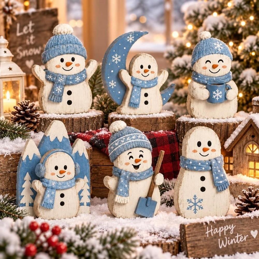 6 pcs Wooden Snowman Figurine Set 2D Flat Winter Christmas Decoration Desk