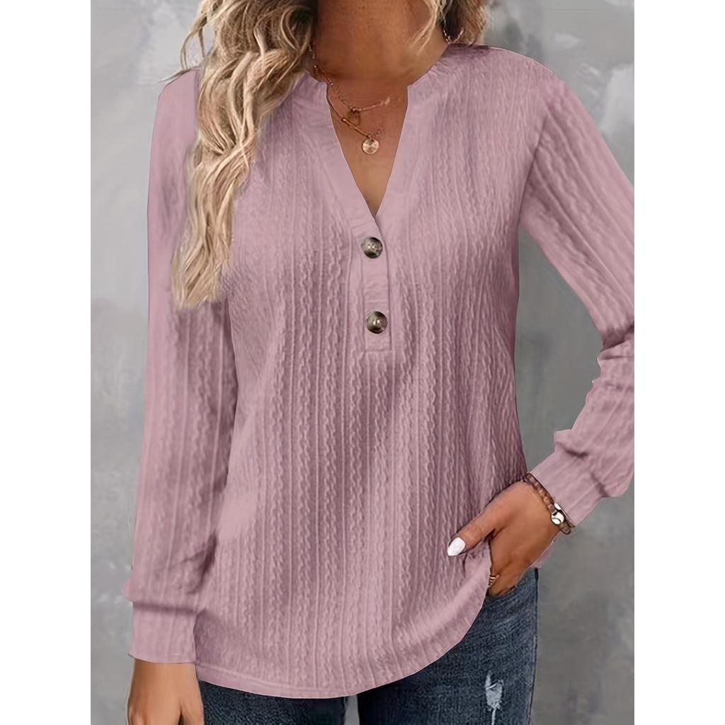 Autumn and Winter Women's Long Sleeved Solid Color V-neck Button T-shirt Top