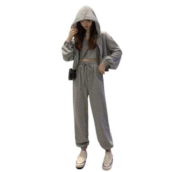 3 Pcs/Set Women Fall Tracksuit Sleeveless Vest Hooded Long Sleeve Zip-up Coat Elastic Waist Ankle-banded Trousers Daily Wear Sport Outfit
