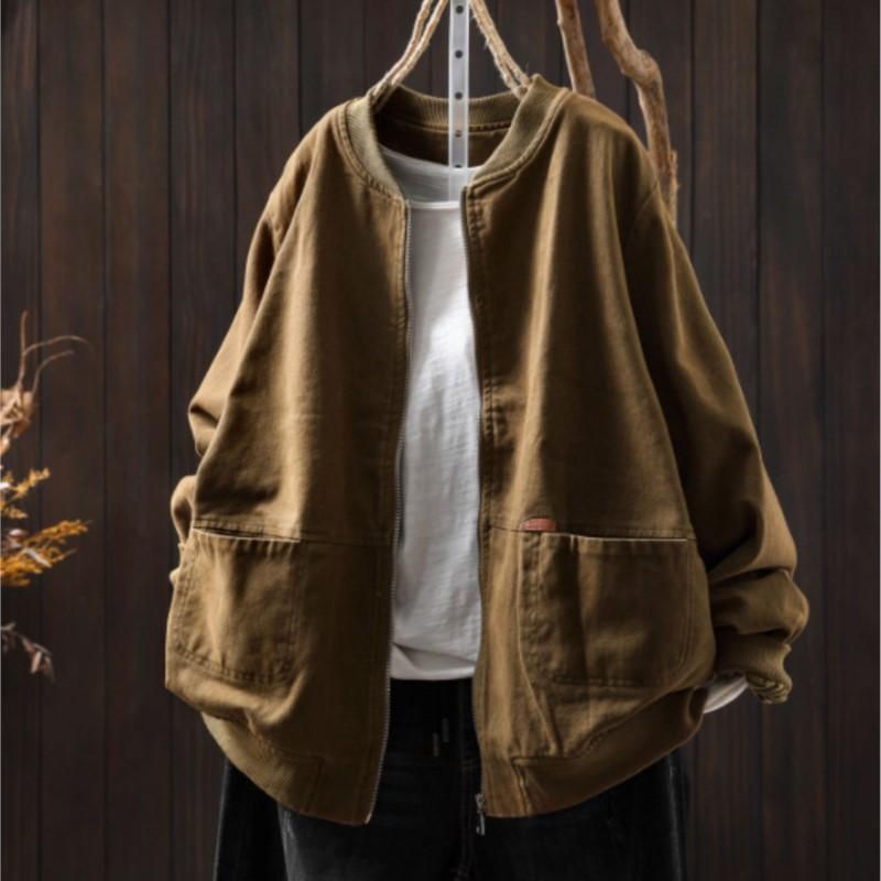 Johnature Women Vintage Jackets Solid Color Stand Long Sleeve Coats Autumn Zipper Loose Casual Pockets Jackets