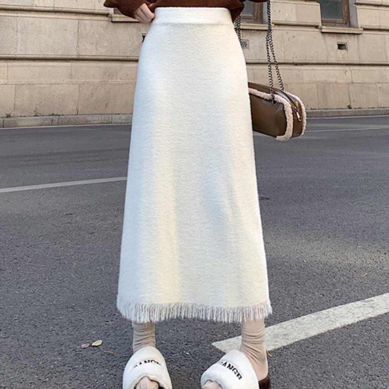 Миди-юбка А-силуэта из трикотажа с кисточками, осенне-зимняя шерстяная юбка с высокой талией