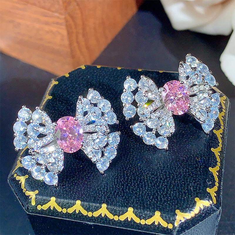 Комплект ожерелье серьги кольцо девичье сердце розовый бриллиант прозрачный сладкий свет роскошь универсальный премиум женские украшения