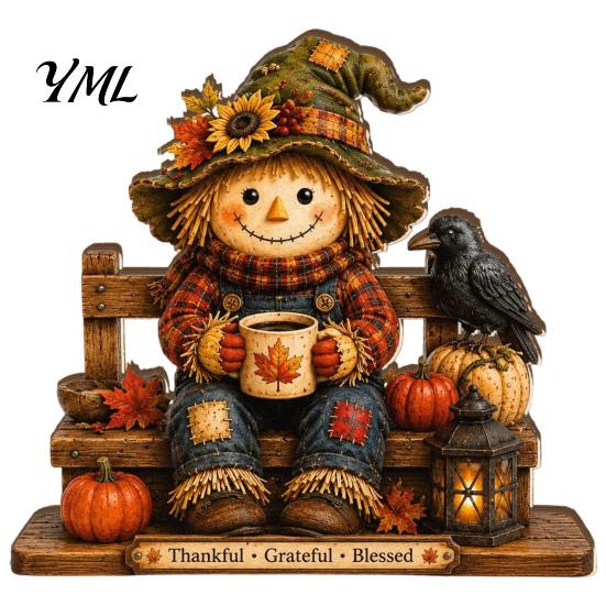 Rustic Fall Home Decorations Wooden Autumn Figurine for Thanksgiving And Halloween Decor, Retro Reading Character Ornaments Mantel Centerpieces