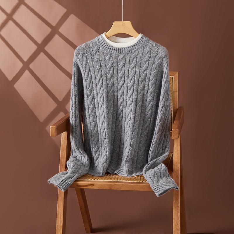 Retro Style Round Neck Cashmere Clothes Women'S Loose Inner Cover Thickened Bottom Sweater Women'S Autumn And Winter New Flower Solid Color Knitted