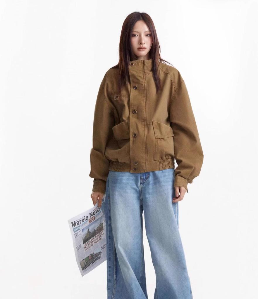 Унисекс Ретро Потертая Холщовая Куртка-Сарай - Прямой Крой, Стойка Воротник, Модный Стиль