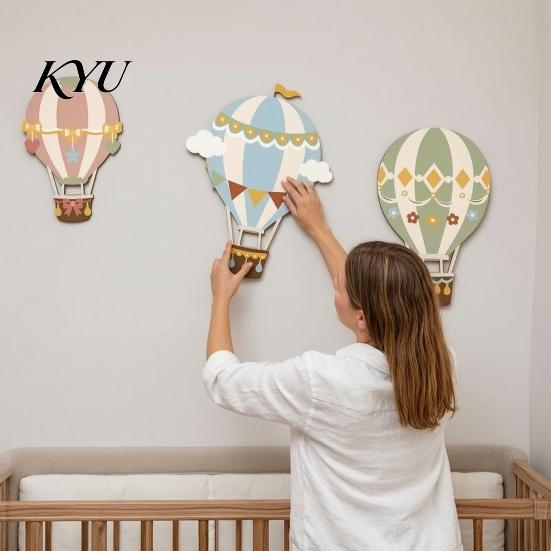 3D Nursery Wall Art for Kids Room 3Pcs Cute Hot Air Balloon Wooden Decor, Cloud Banner Montessori Early Education Decoration Hanging, Playroom