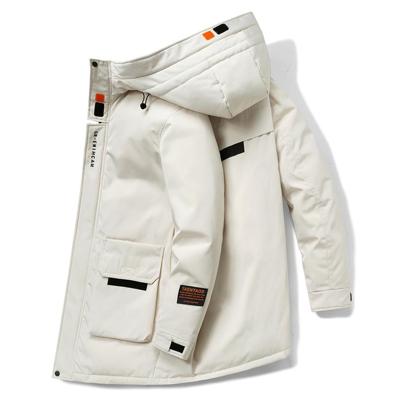 Зимняя мужская куртка-пуховик нового стиля, воротник-стойка, модная простая куртка с капюшоном, средней длины, утолщенная, теплая и морозостойкая, модный бренд для мужчин