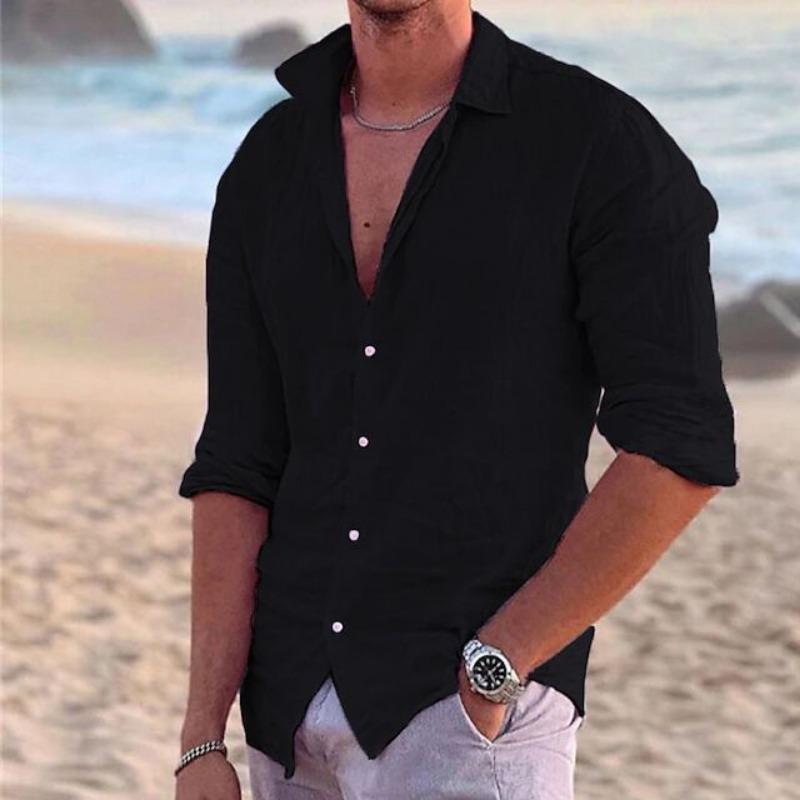 Men's Linen Summer Beach Shirt Long Sleeve Solid Color Lapel Spring Summer Outdoor Street Shirt