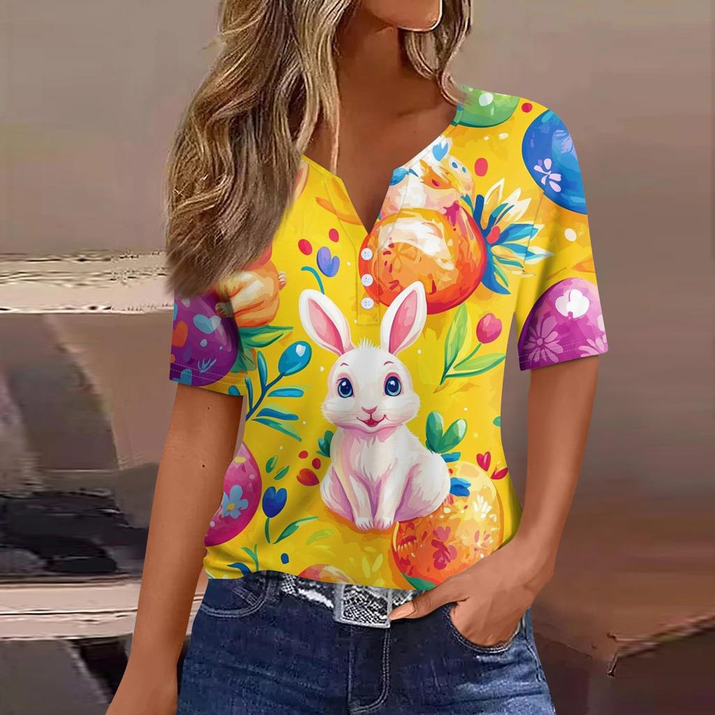 Women's T Shirt Print Button Short Sleeve Daily Weekend Fashion Basic V- Neck Regular Top