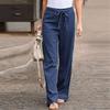 Summer Elastic Waist Pure Color Cotton Linen Wide Leg Pants, Loose Trousers Female