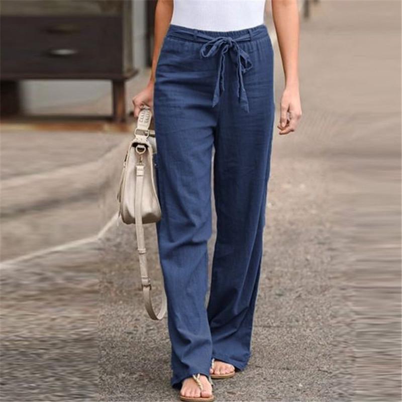 Summer Elastic Waist Pure Color Cotton Linen Wide Leg Pants, Loose Trousers Female
