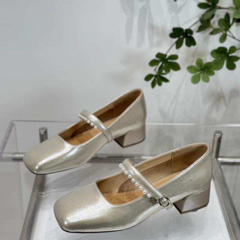 Туфли-лодочки на среднем каблуке с бусинами, осенние новые, с квадратным носком, с мелким вырезом, на одной перемычке, с мягкой подошвой, нескользящие, на блочном каблуке