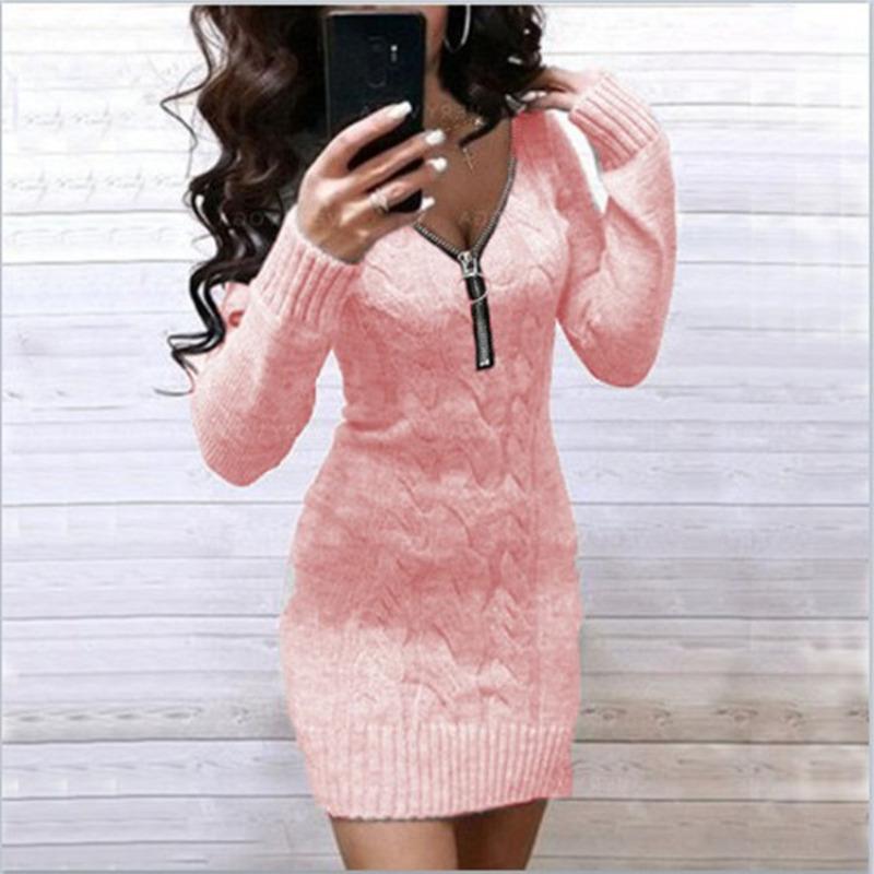 New Women's Sweater European and American Knitted Sweater Medium and Long Zipper V-neck Jacket Dress