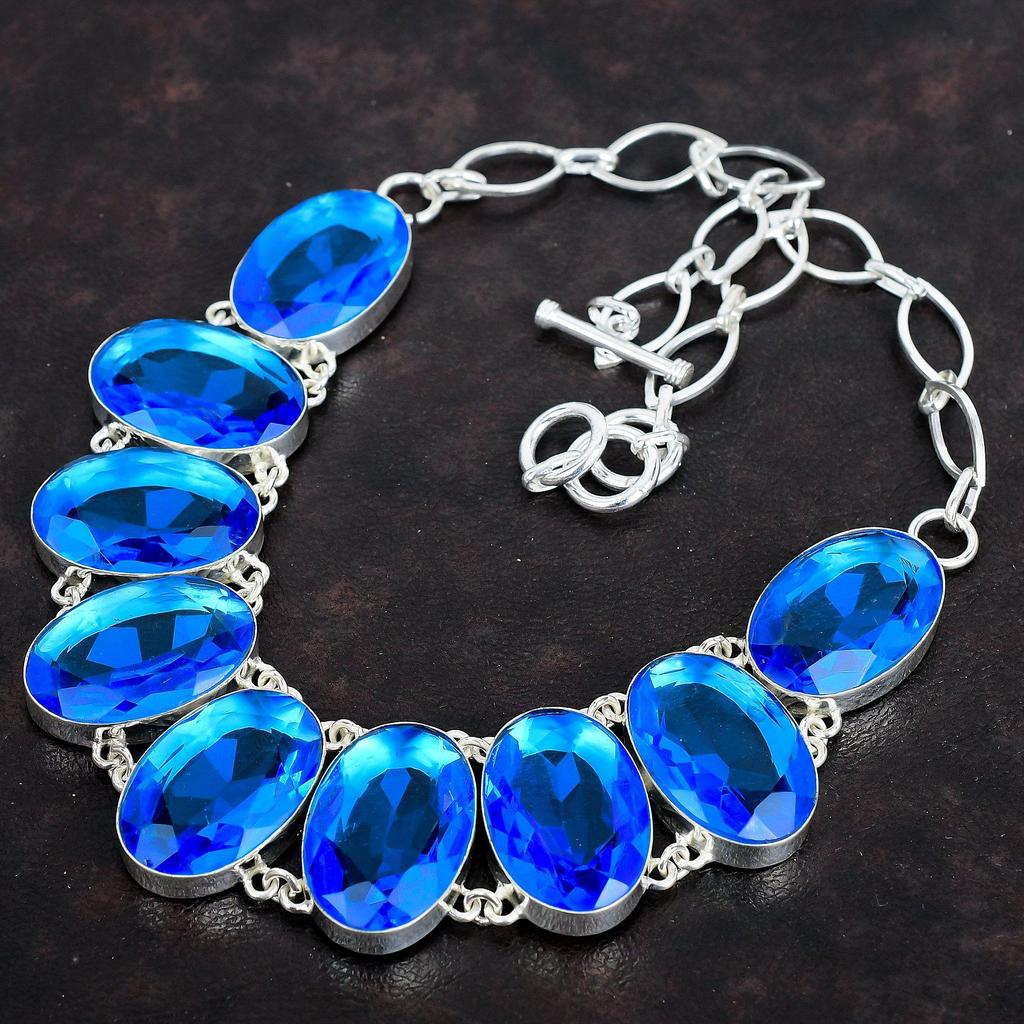 Ограненное ожерелье из лондонского голубого топаза, ожерелье из драгоценных камней, ожерелье из стерлингового серебра 925 пробы, регулируемая цепочка, ювелирные изделия ручной работы, подарки для жены