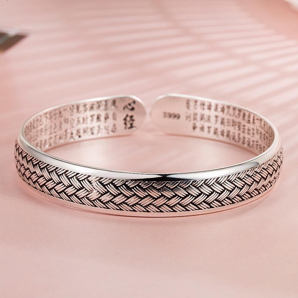Retro Thai Silver Heart Sutra Bracelet, Female Personalized Design, Weaving Face Open Bracelet, Trendy Male Retro Ethnic Creative Handicraft