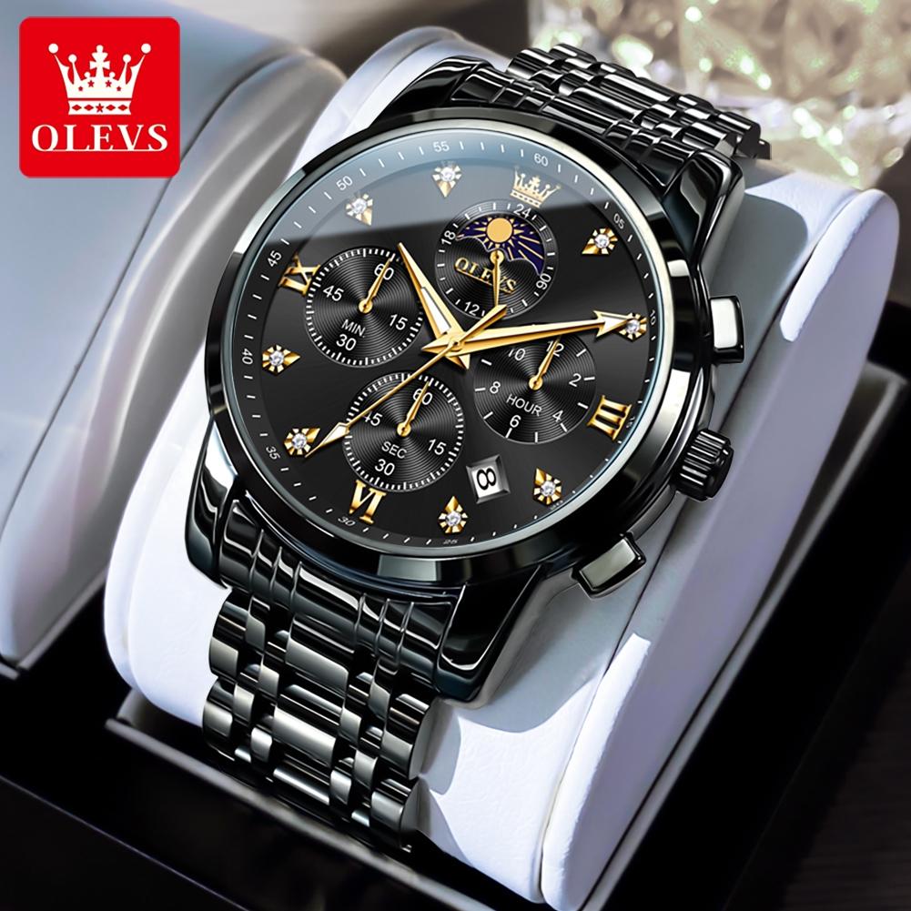 OLEVS Men's Watches Top Brand Luxury Fashion Fine Steel Multi-functional Original Quartz Wristwatch for Man Moon Phase Date 3655