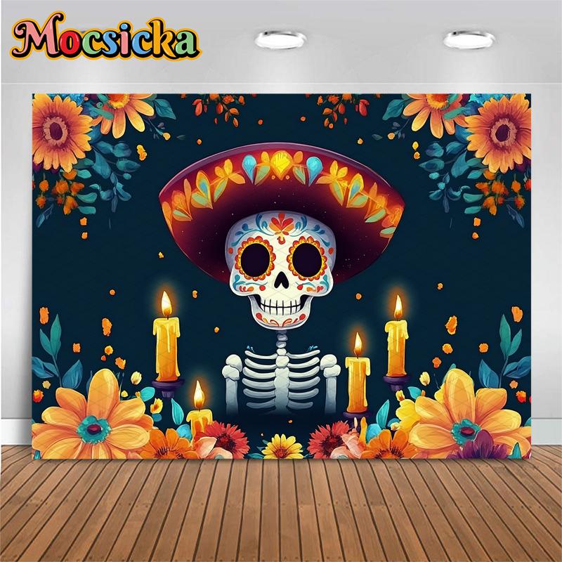 Mocsicka Day Of The Dead Background Photography Art Flower Skull Candle Death Festival Decoration Halloween Party Photo Backdrop