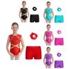 Kids Girls Gymnastics Outfit Keyhole Back Patchwork Sleeveless Glittery Rhinestones Leotard with V-front Waistband Shorts Hair Tie Headwear