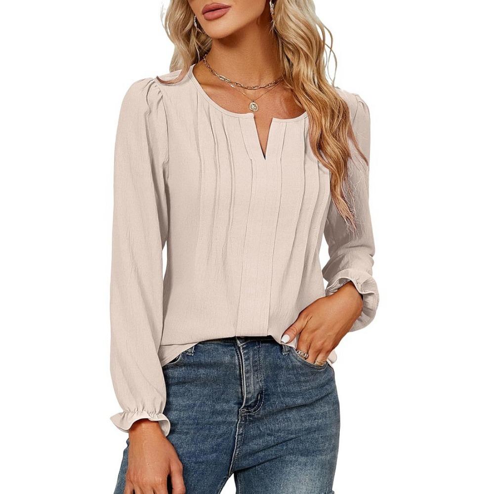 Женская повседневная однотонная блузка весна-лето с V-образным вырезом, однотонная шифоновая рубашка с длинным рукавом