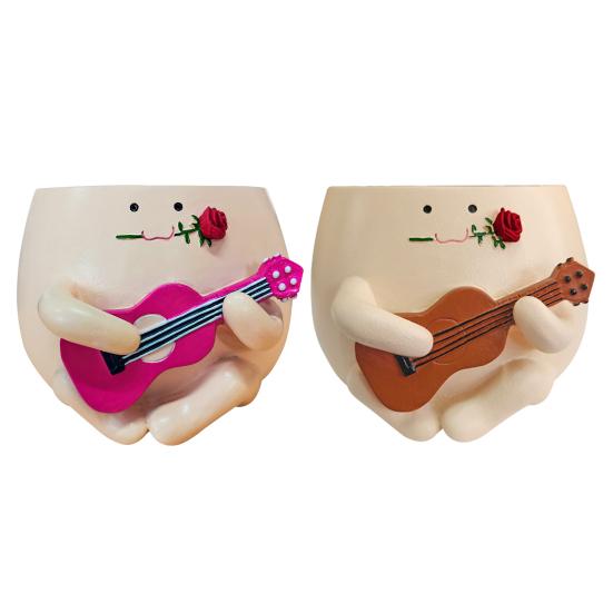 Guitar Smiling Face Planter Pot Resin Ukulele Head Flowerpot Indoor Outdoor Cactus Succulent Plants Container Home Balcony Garden Decoration