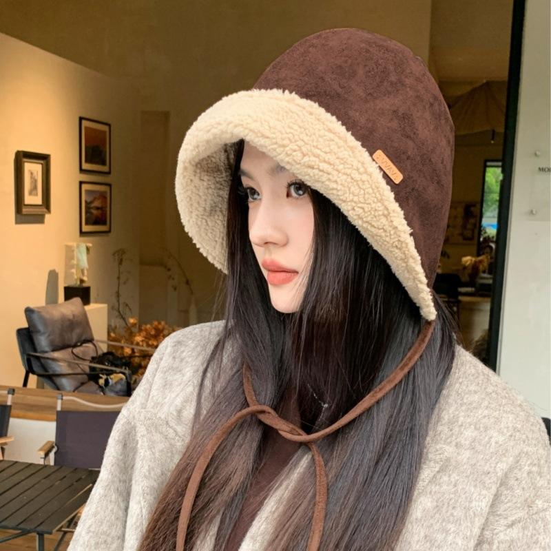 Autumn and winter new dark brown suede ear protector bucket hat lamb wool lace bucket hat cold warm women's hat