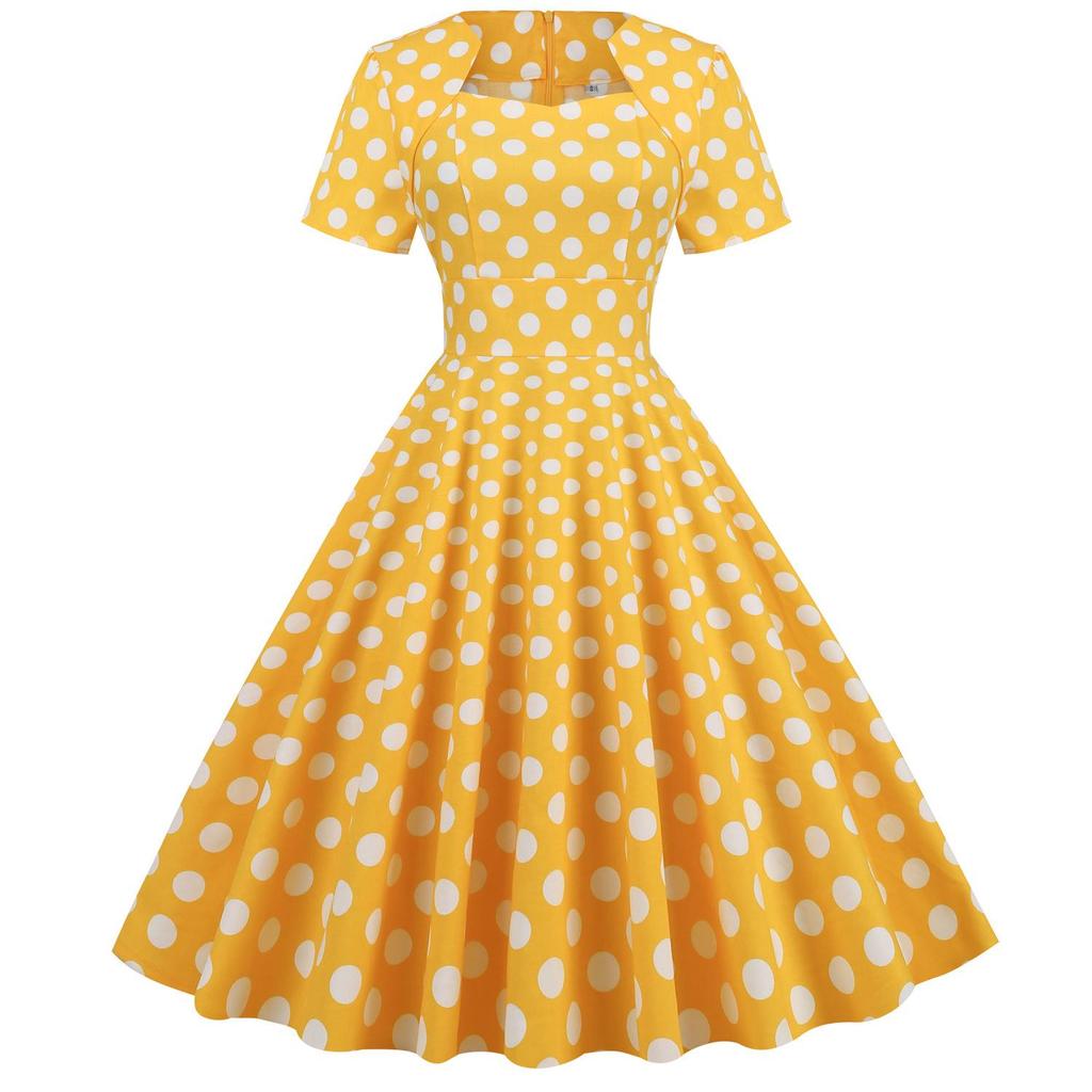 Polka Dot High-Waisted Midi Swing Dress with Short Sleeves