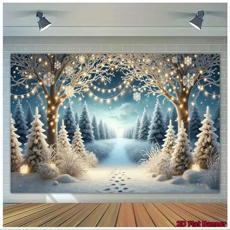 2D Magical Winter Night Backdrop Snowflake Forest Photography Background