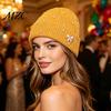 Warm Knit Hat for Large Heads Sparkly Winter Knitted Hat, Women Rhinestone with Faux Pearl Bow, Korean Style Headwear Stretch Cuffed Ribbed Skull Cap