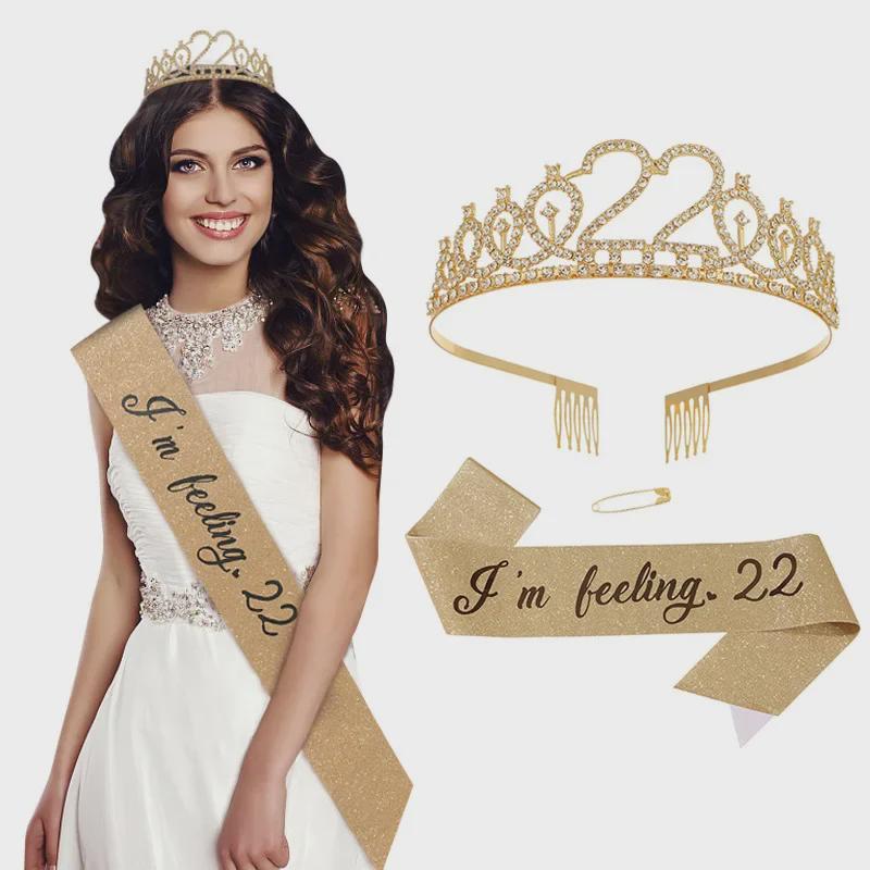 22nd Birthday Glitter Alloy Crown & Sash Set - Party Hair Accessories & Decor