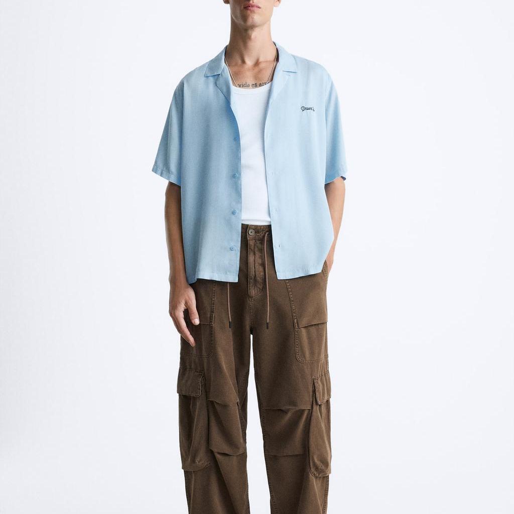 Zara Свободная рубашка с коротким рукавом и вышитыми лацканами, мужские рубашки небесно-голубого цвета 1063399-403