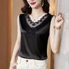Women Satin Sleeveless Tank Top Elegant Lace V‑Neck Camisole Blouse Inner Wear For Suit Spring Autumn Basic Vest
