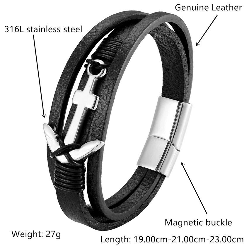Модные ювелирные изделия Браслет из натуральной кожи для мужчин Многослойные браслеты с якорями Женские браслеты из нержавеющей стали для мужчин Классические ювелирные изделия