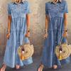 Women Short Sleeve Soft Thin Denim Long Dresses Retro Button Pockets Jeans Maxi Dress Ladies Casual Vestidos
