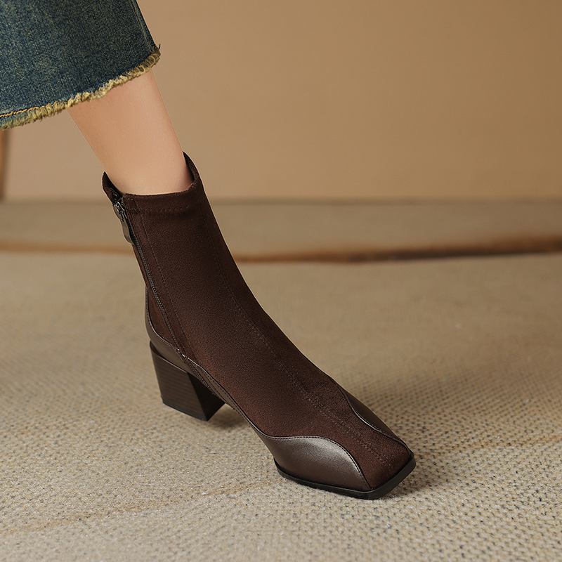 Krazing Pot Cow Skin Flock Autumn Winter Shoes Big Size Modern Boots Med Heels Patch Work Square Toe Keep Warm Size 43 Ankle Boots