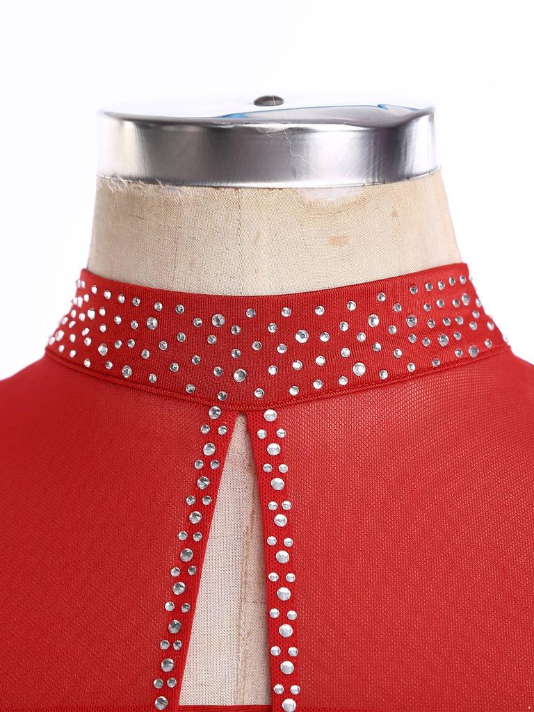 Женский костюм для фигурного катания Прозрачная сетчатая накладка Вырез на спине Без рукавов Платье с блестящими стразами Аппликация Танцевальная одежда