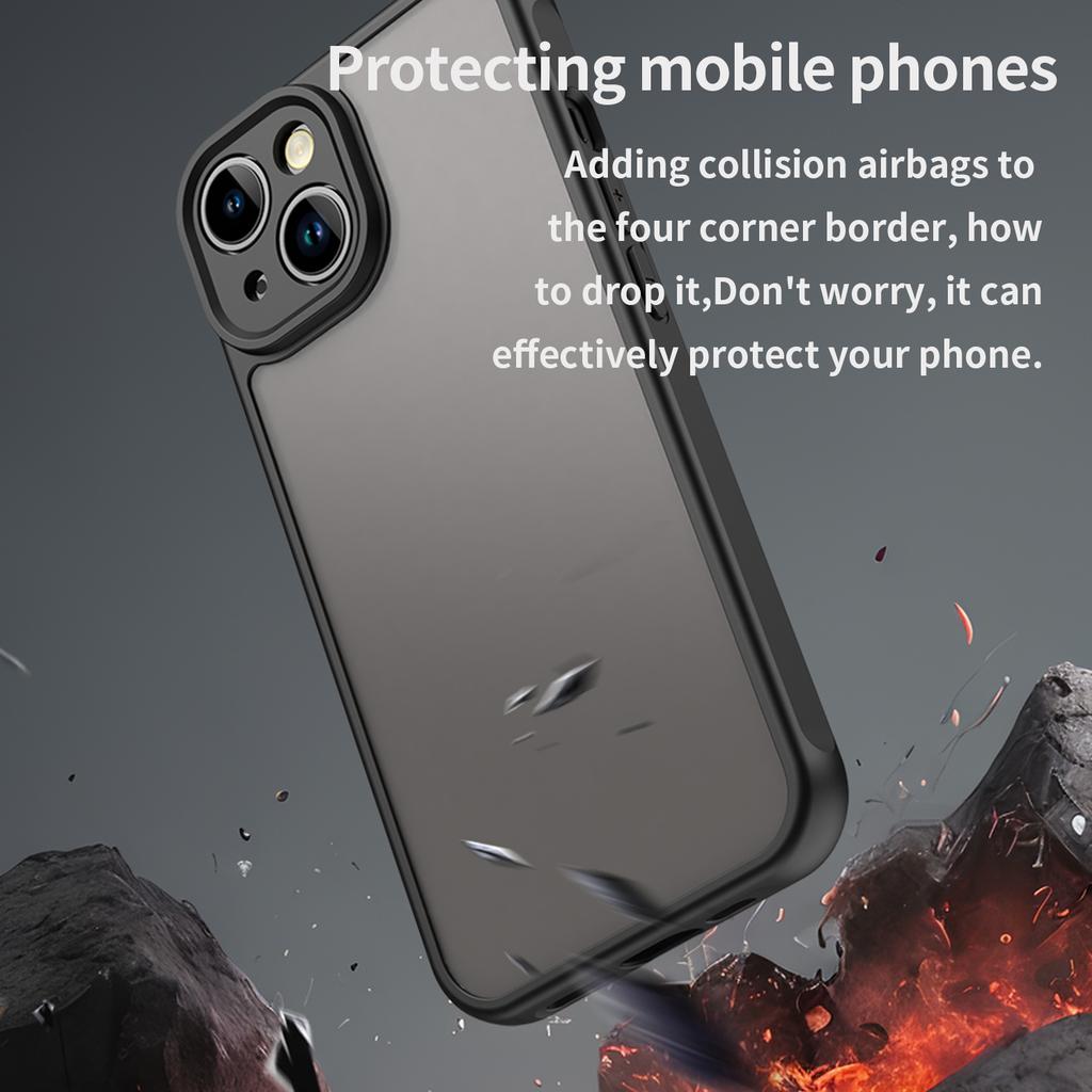For iPhone 13 Case Drop Proof Airbags Frosted Translucent PC+TPU Phone Back Cover