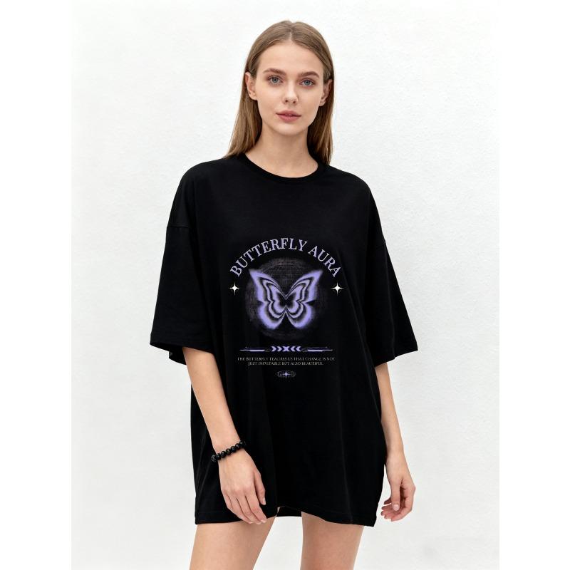 Oversized T-Shirt Black Butterfly Aura Graphic Print With Text Statement Casual Streetwear Fashion Top For Women